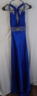 Cachet Royal Blue Beaded Satin Evening Gown